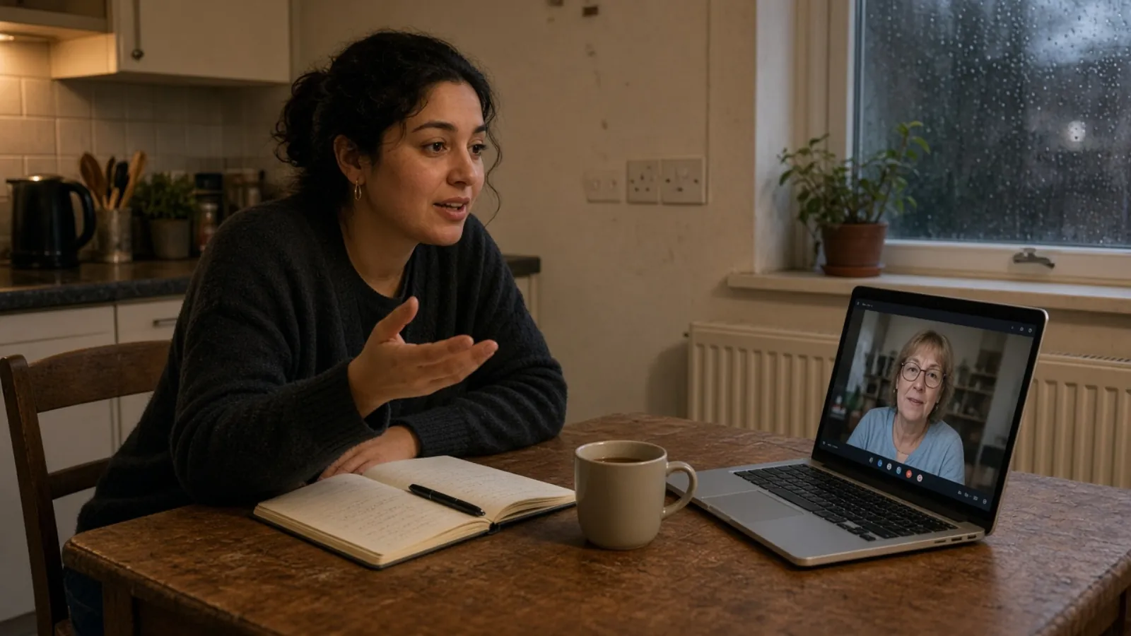 A newcomer practising spoken English on a laptop at a kitchen table in a rented UK flat